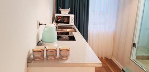 a kitchen counter with a blender and a microwave at City Center Apartment 2 in Tbilisi City