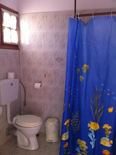 a bathroom with a toilet and a blue shower curtain at Porto Milos in Adamantas