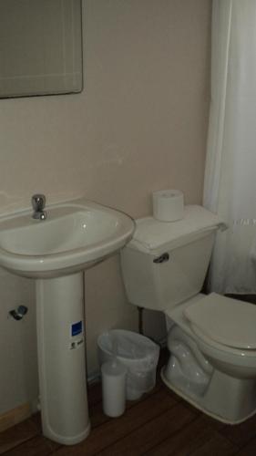 a white bathroom with a sink and a toilet at Cabañas Arlenne in Valdivia