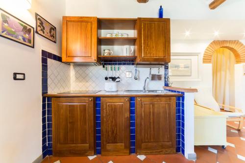 una cucina con armadi in legno e piastrelle blu di Borgo Pinti Apartment a Firenze