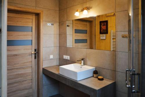 a bathroom with a sink and a mirror at Przystań Góralska in Szczawnica