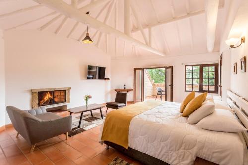 een slaapkamer met een groot bed en een open haard bij Hotel y Spa Getsemani in Villa de Leyva