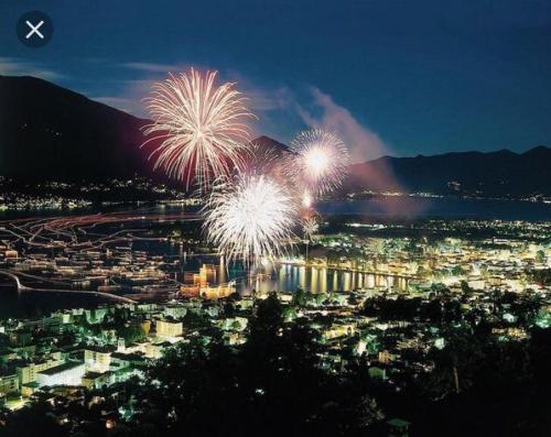a firework display over a city at night at Piccolo Hotel in Locarno