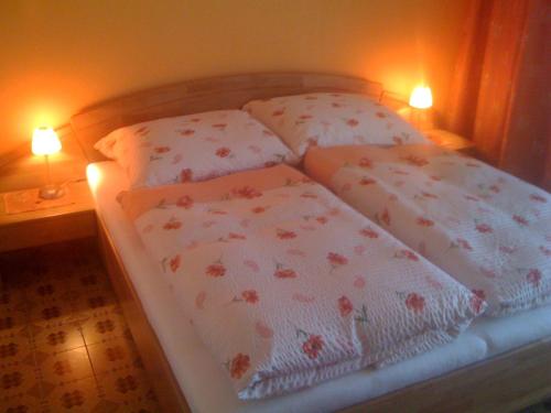 a bed with two pillows on it with two lights at Braunegger-Hof Gasthof Mayer in Braunegg