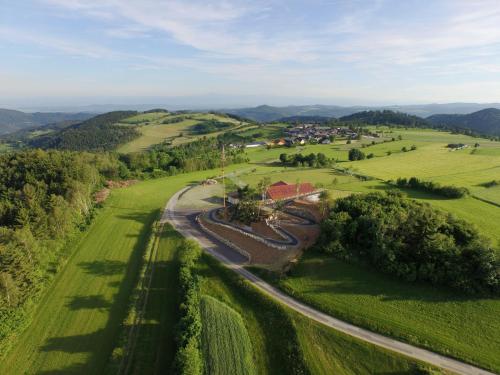 an aerial view of a house in a green field at Braunegger-Hof Gasthof Mayer in Braunegg