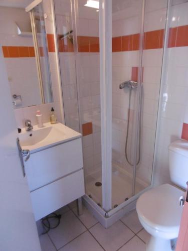 une salle de bain avec une douche, un lavabo et des toilettes dans l'établissement Holidayland Résidence Beau Soleil villa avec piscine, à Narbonne-Plage