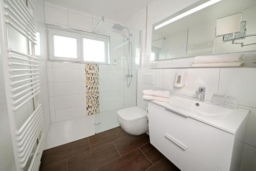 a white bathroom with a toilet and a sink at Hotel Hammermühle in Wahlrod