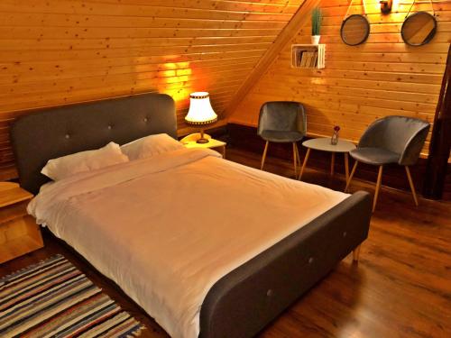 a bedroom with a large bed and two chairs at Cabana din Groapa Frumoasa in Râşnov