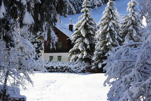 a house covered in snow in front of trees at Haus am Lift in Kleinarl