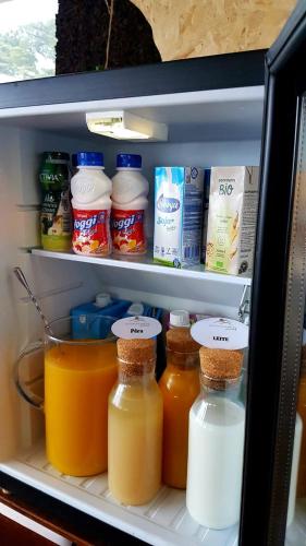a refrigerator filled with lots of different types of food at Natura Glamping in Alcongosta