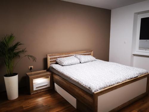 - un lit dans une chambre avec une plante à côté dans l'établissement Bonito apartment, à Postojna