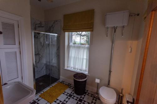 a bathroom with a shower and a toilet and a sink at The Gatelodge in Dungiven