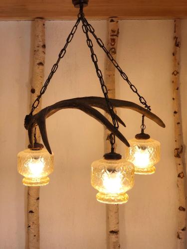 a chandelier with three lights hanging from a chain at Cabana din Groapa Frumoasa in Râşnov