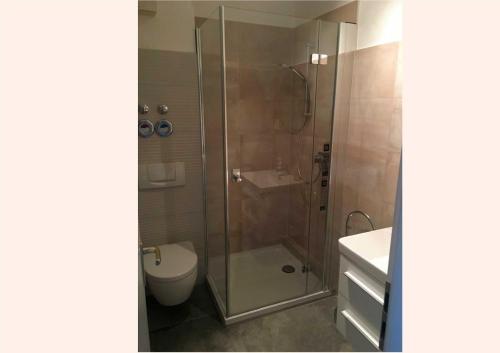 ein Bad mit einer Dusche, einem WC und einem Waschbecken in der Unterkunft Haus Ostseestrand in Ahlbeck