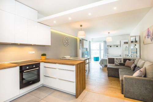 a kitchen and living room with a couch at Super-Apartamenty Love Deluxe in Poznań