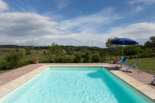 a swimming pool with two chairs and an umbrella at Villa Cristina in Castellina in Chianti