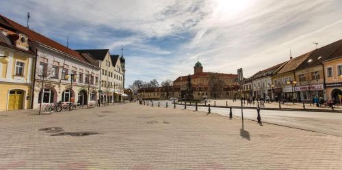 an empty street in a town with buildings at Penzion Alfa Poděbrady in Poděbrady