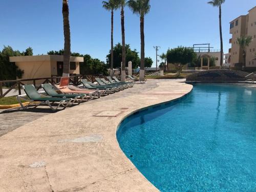 a swimming pool with lounge chairs and palm trees at Condo de Cortez in Puerto Peñasco