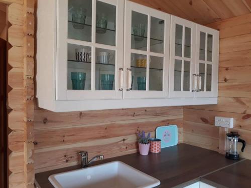 a kitchen with white cabinets and a sink at Cyprus Glamping Park in Ayios Theodhoros