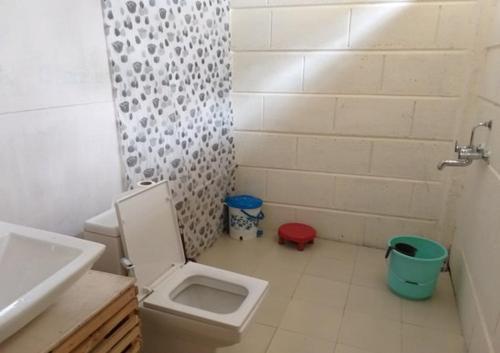 a bathroom with a toilet and a shower and a sink at Wooden Nest Cottage Hunder, Nubra Valley in Nubra