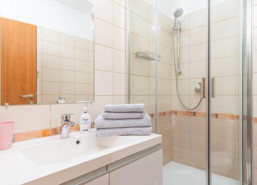 a bathroom with a sink and a shower at Alpe-Adria Apartments Chanel top12 in Oberaichwald