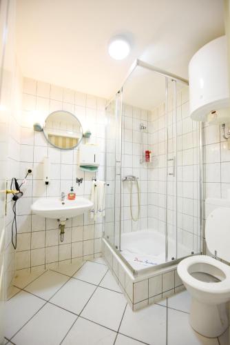 a bathroom with a shower and a toilet and a sink at Design Apartments 2 in Dortmund