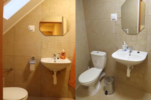 2 Bilder eines Badezimmers mit WC und Waschbecken in der Unterkunft Penzion - Peri in Hokovce
