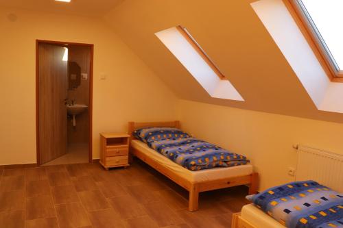 2 bedden in een kamer met dakramen bij Penzion - Peri in Hokovce
