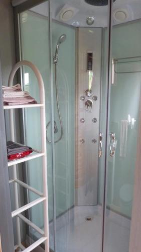 a shower in a bathroom with a glass shower stall at laroulottedubec in Malleville-sur-le-Bec