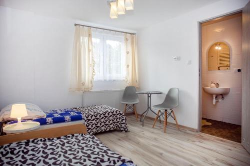 ウストシキ・ドルネにあるBieszczadzka13のベッドルーム1室(ベッド2台、テーブル、窓付)