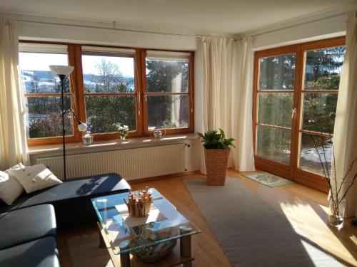 een woonkamer met een bank en een aantal ramen bij Ferienwohnung Elgert in Scheidegg