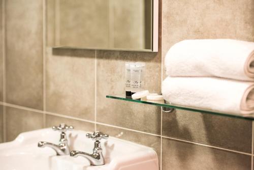 uma casa de banho com lavatório, espelho e toalhas em Ballycannon Lodge em Croagh