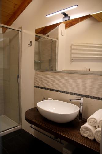 a bathroom with a white sink and a shower at B&B Antico Mulino in Camugnano