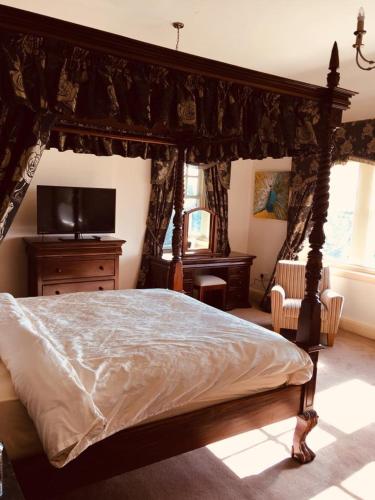 a bedroom with a canopy bed and a television at Brass Castle Country House Accommodation in Middlesbrough