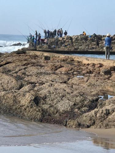 a group of people fishing on a rocky beach at Summer Place Umzumbe in Umzumbe