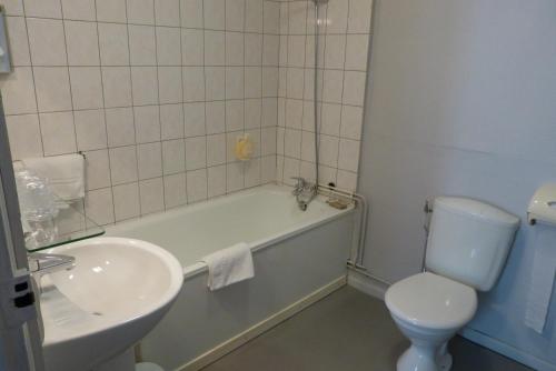 a bathroom with a sink and a tub and a toilet at Hotel des Alpes in Die