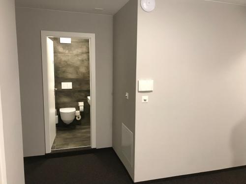 a bathroom with a toilet and a door with a mirror at wolke 4 in Büren an der Aare