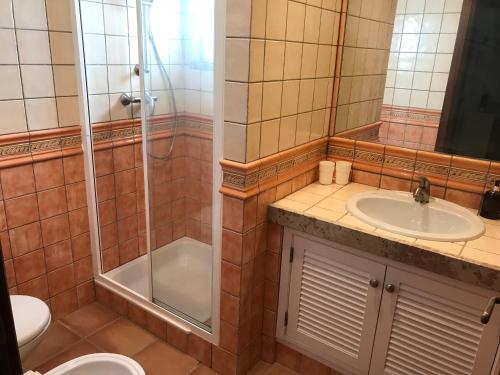 y baño con ducha, lavabo y aseo. en Seaview Benagil Villa 15, en Benagil