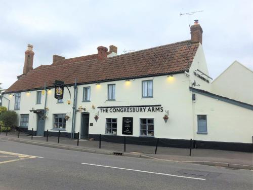 a white building on the corner of a street at The Congresbury Arms in Congresbury