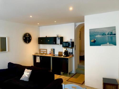 un salon avec un canapé et une cuisine dans l'établissement Lulu Philipp coté cour, à Saint-Étienne