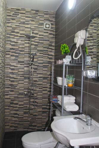 a bathroom with a shower and a sink and a toilet at Hotel Kika in Pristina