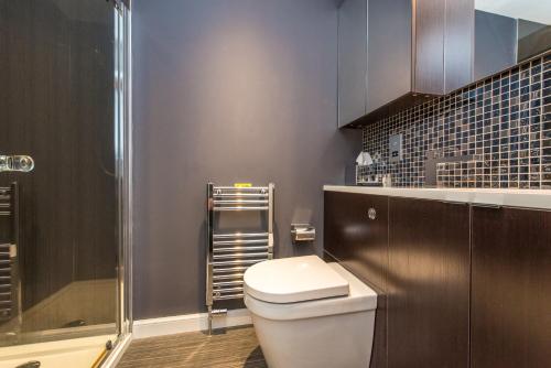 La salle de bains est pourvue de toilettes et d'une douche en verre. dans l'établissement Shorehead Guest House, à Stonehaven