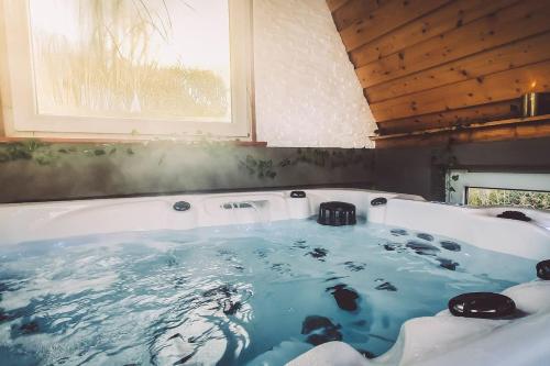 een bad gevuld met blauw water in een kamer bij Holiday Home Wonderland with private Spa/Wellness in Ralingen