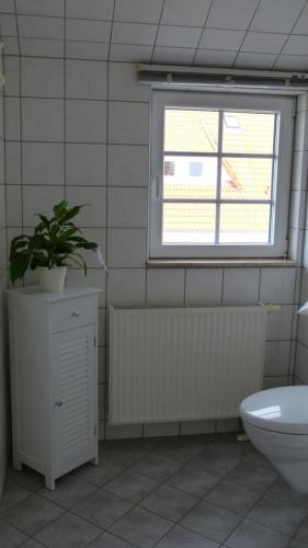 a bathroom with a toilet and a window and a plant at Ferienwohnung 2, Neuendorf - Hiddensee in Neuendorf