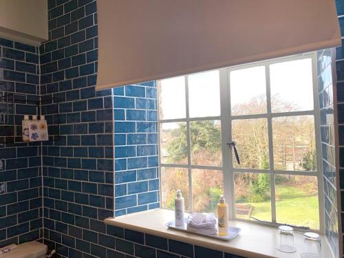 un bagno piastrellato blu con lavandino e finestra di Castle Hotel a Taunton