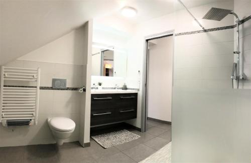 y baño con aseo, lavabo y ducha. en Appart T4 Christina contemporain, Vue Lac, climatisé avec parking, en Aix-les-Bains