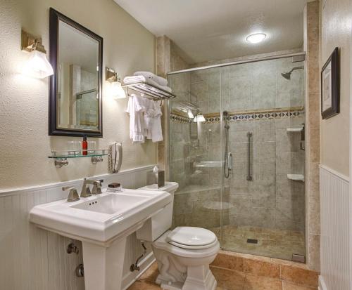 ein Bad mit einem WC, einem Waschbecken und einer Dusche in der Unterkunft Kingsmill Resort in Williamsburg