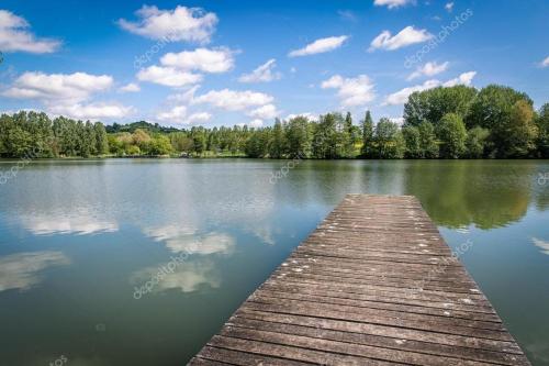 a pier on a lake with trees and clouds in the sky at Holiday Home Wonderland with private Spa/Wellness in Ralingen