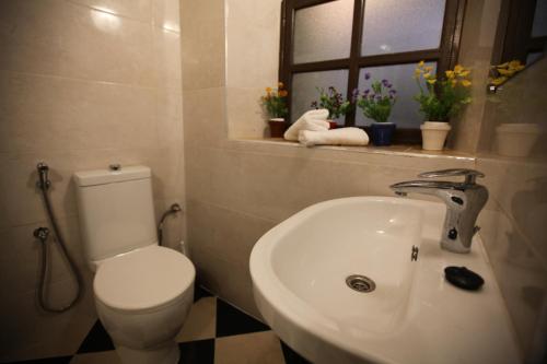 une salle de bain avec un lavabo et des toilettes et une fenêtre dans l'établissement Dar Essaki 1886, à Tanger