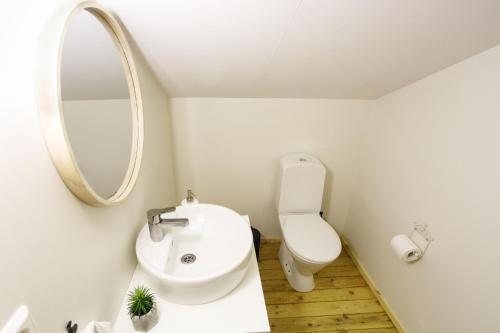 a bathroom with a sink and a toilet and a mirror at Original North in Þingeyjarsveit